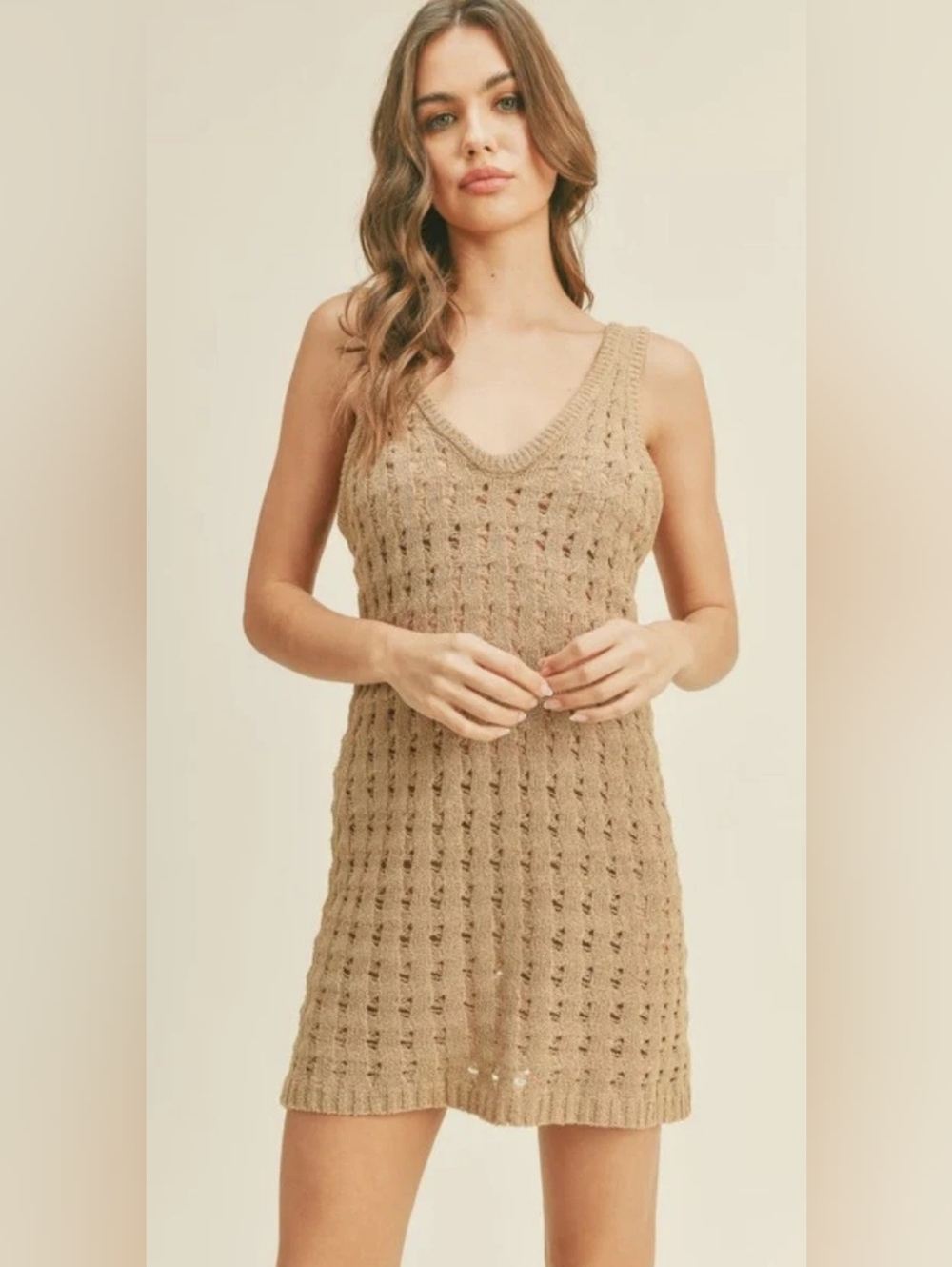 NWOT Miou Muse Openwork Knit Tank Dress in Camel